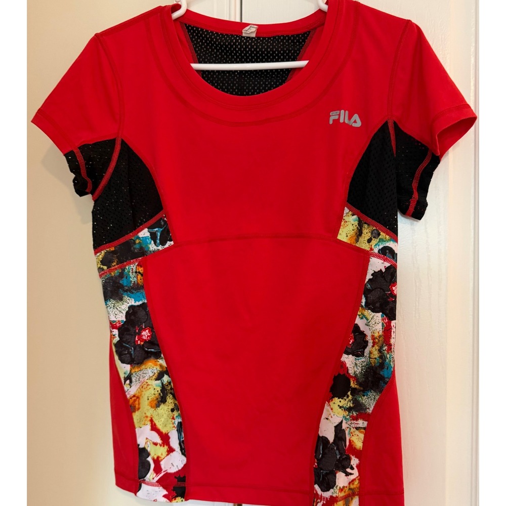 Fila Sport Womens Red Mesh Panel Floral Print Athletic T-Shirt Size Large